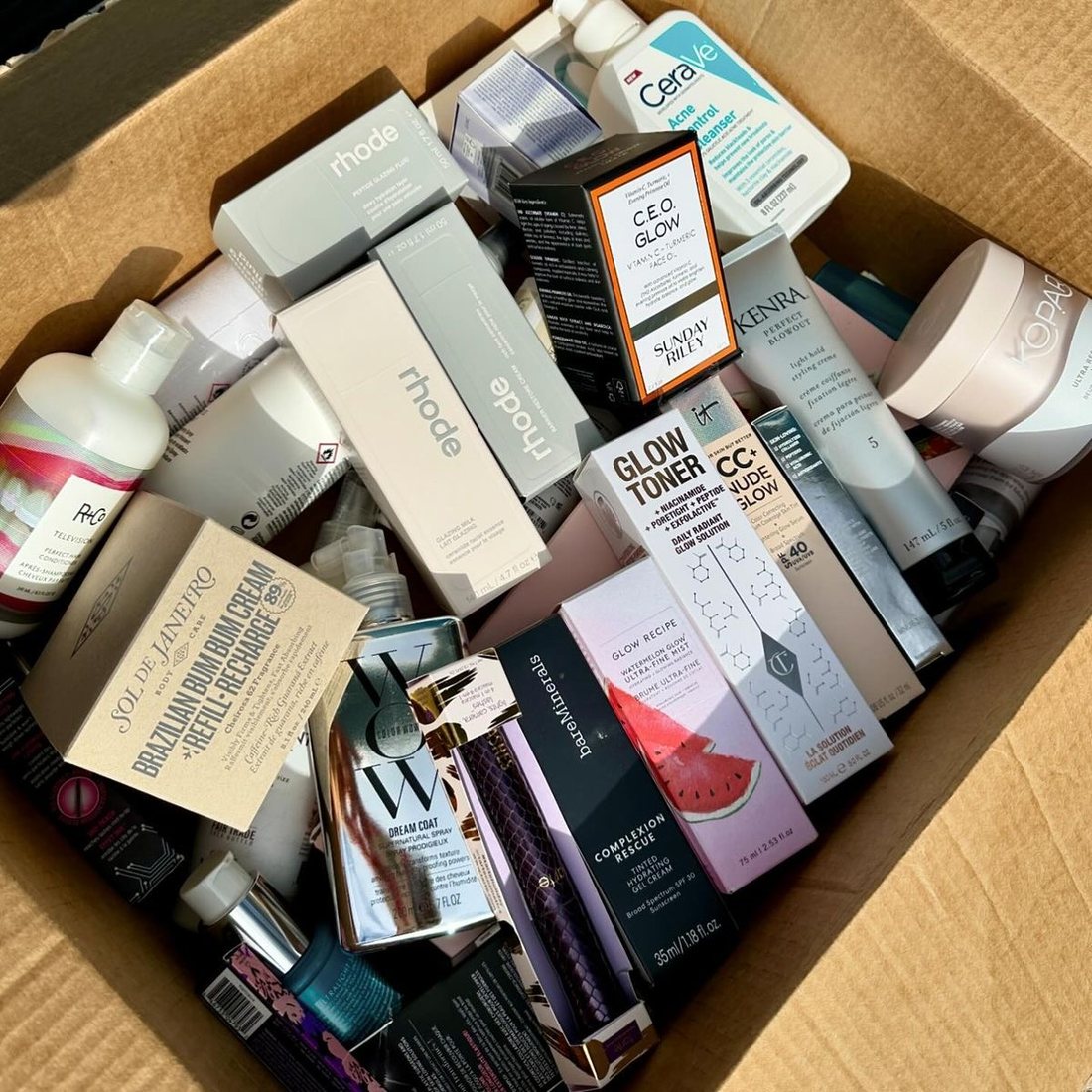 A box of unopened beauty products