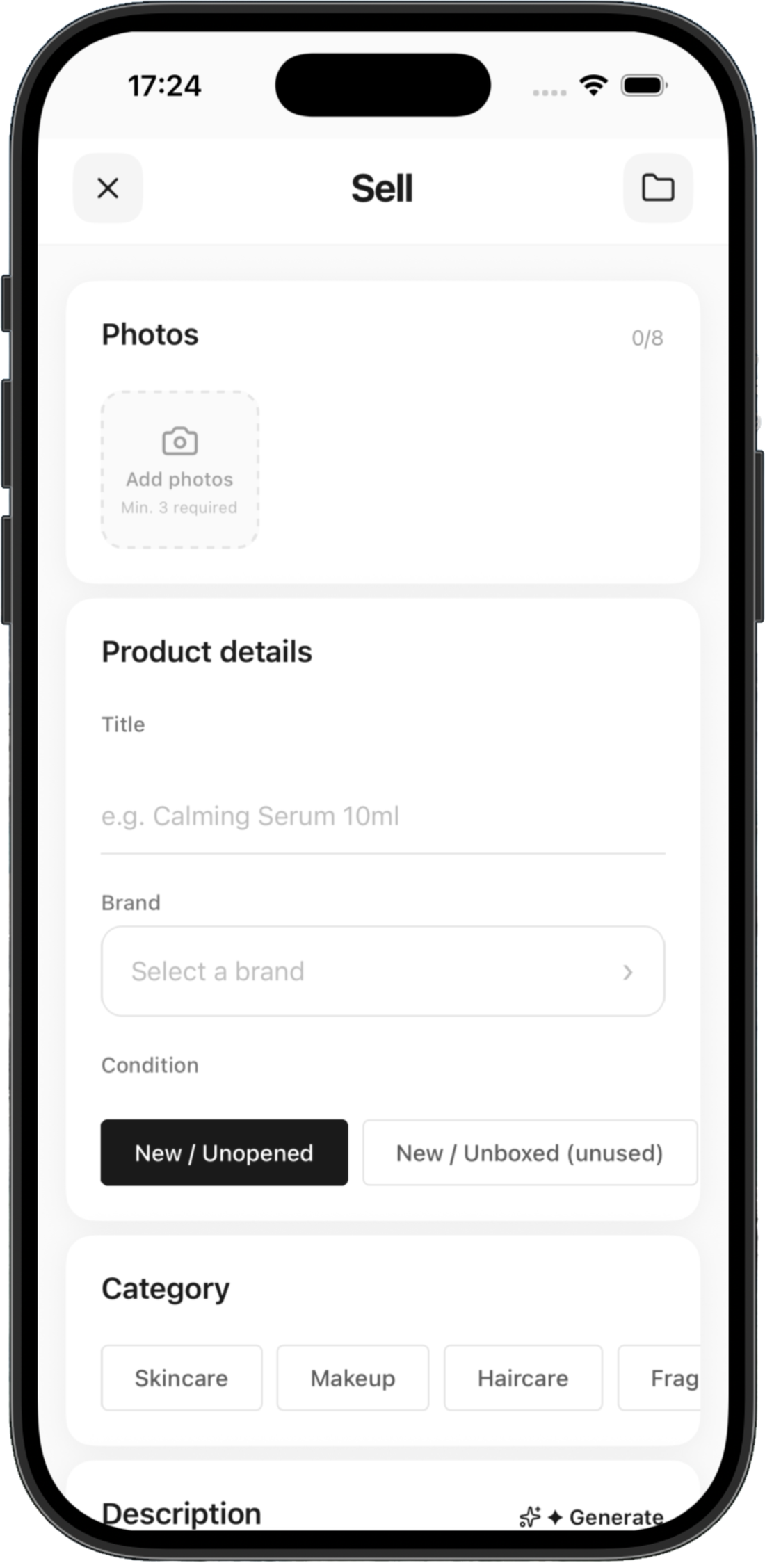 The rebeauty app showing a product being listed for sale